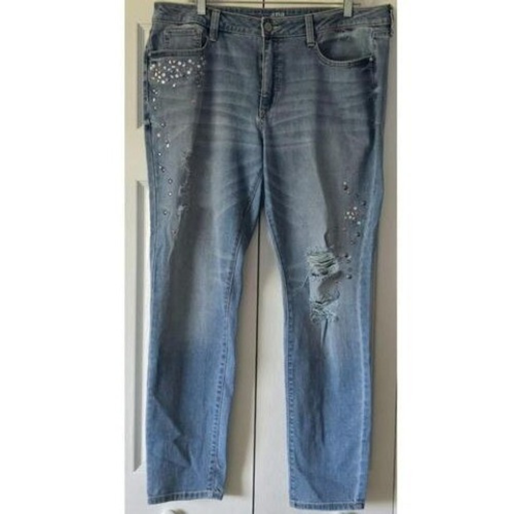 ANA Womens Plus Size 16 Skinny Jeans Light Wash Distressed Rhinestone Studded